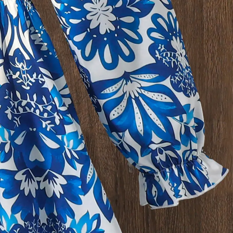 2025 Kids Autumn Fashion Clothing Solid Color Blue Print Square Collar Long Sleeve A-Line Dress For Girls 8-12 Years Daily Set