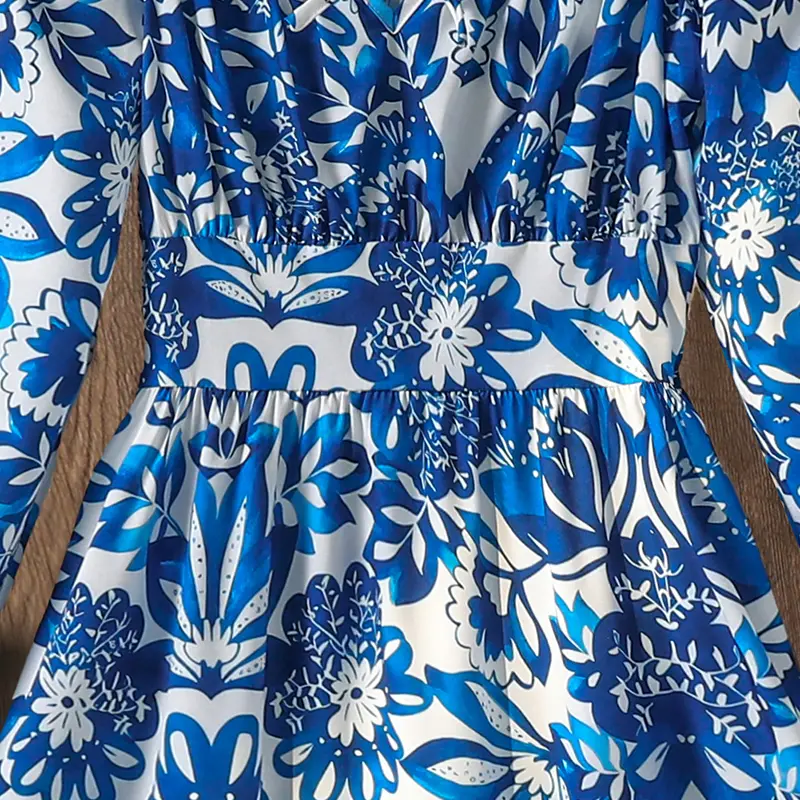 2025 Kids Autumn Fashion Clothing Solid Color Blue Print Square Collar Long Sleeve A-Line Dress For Girls 8-12 Years Daily Set