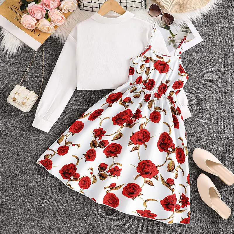 2025 New Kids Autumn Suit Solid Color White Long Sleeve Top & Print Sling A-Line Dress For Girls 8-12 Years Sweet Style Daily