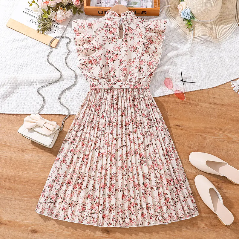 Girls Beige Floral Pleated Dress For 8-12 Years Kids Belted Knee-Length Modest Trendy Kids Gown Summer School Baptism Clothes