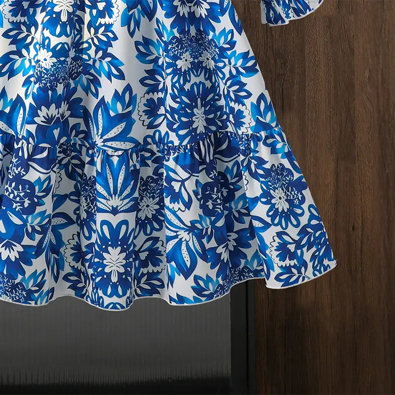 2025 Kids Autumn Fashion Clothing Solid Color Blue Print Square Collar Long Sleeve A-Line Dress For Girls 8-12 Years Daily Set