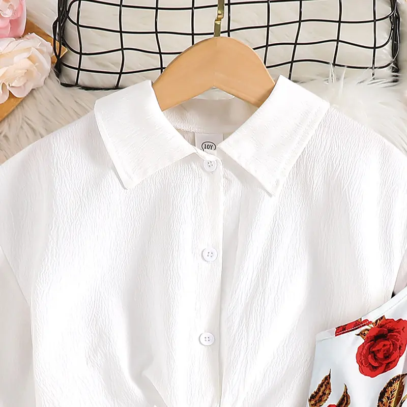 2025 New Kids Autumn Suit Solid Color White Long Sleeve Top & Print Sling A-Line Dress For Girls 8-12 Years Sweet Style Daily