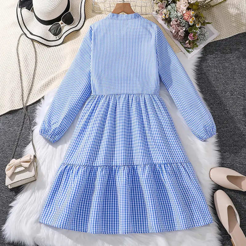 2025 Kids Autumn Clothing Plaid Solid Color Blue V-Neck Long Sleeve A-Line Dress For Girls 8-12 Years Daily Casual Set
