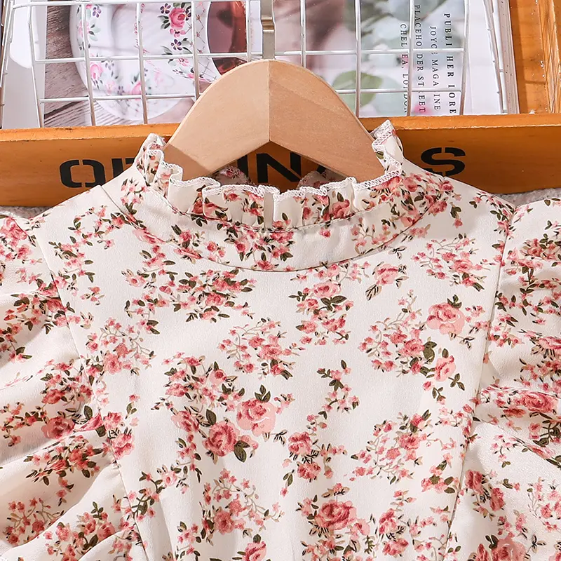 Girls Beige Floral Pleated Dress For 8-12 Years Kids Belted Knee-Length Modest Trendy Kids Gown Summer School Baptism Clothes