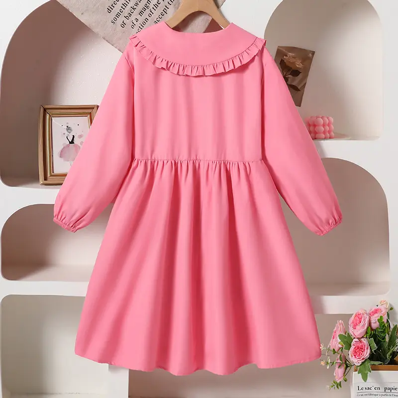 2025 New Girls Autumn Princess Dress Solid Color Pink Doll Collar Bow Long Sleeve A-Line Dress For Girls 8-12 Years Sweet Style