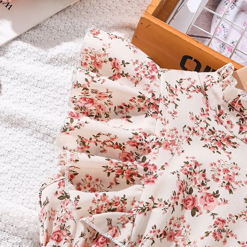 Girls Beige Floral Pleated Dress For 8-12 Years Kids Belted Knee-Length Modest Trendy Kids Gown Summer School Baptism Clothes