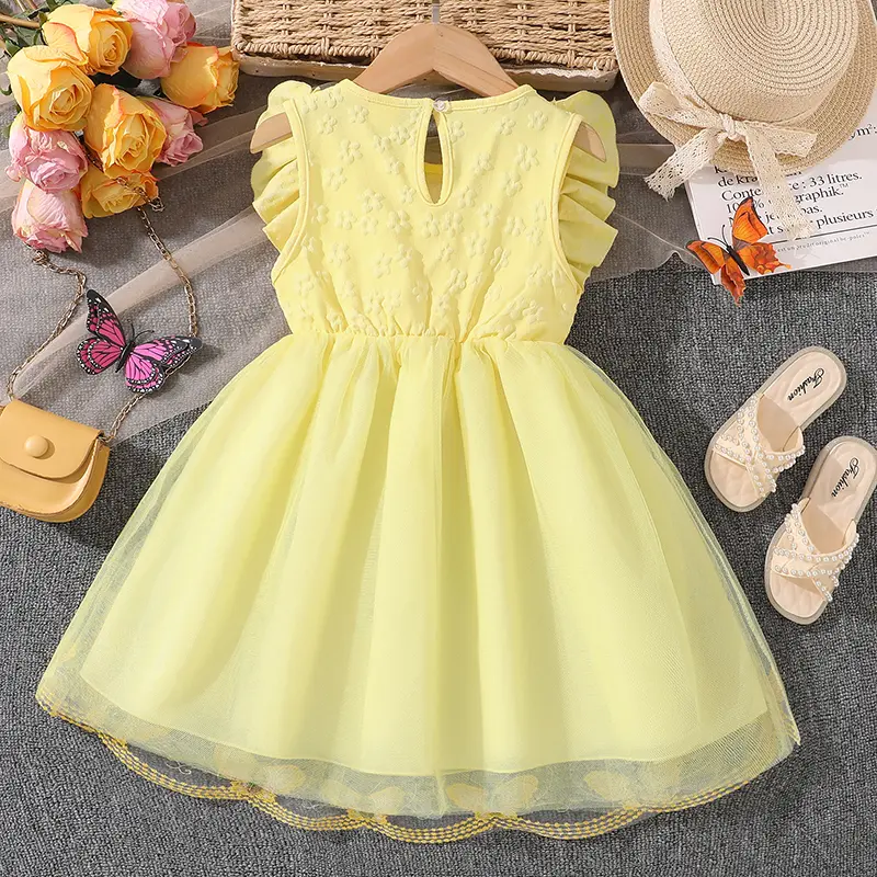 Baby Girls Princess Dress 4-7 Yrs Butterfly Embroidery Bow-trim Patchwork Tulle Dress Adorable Toddler Girls Dress Party Dress