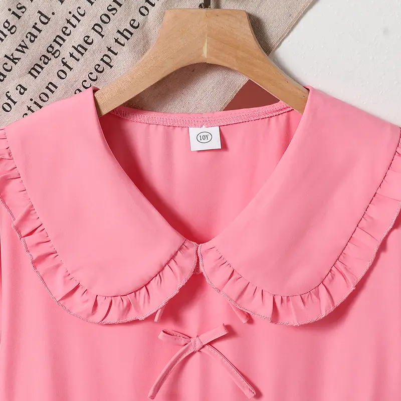 2025 New Girls Autumn Princess Dress Solid Color Pink Doll Collar Bow Long Sleeve A-Line Dress For Girls 8-12 Years Sweet Style