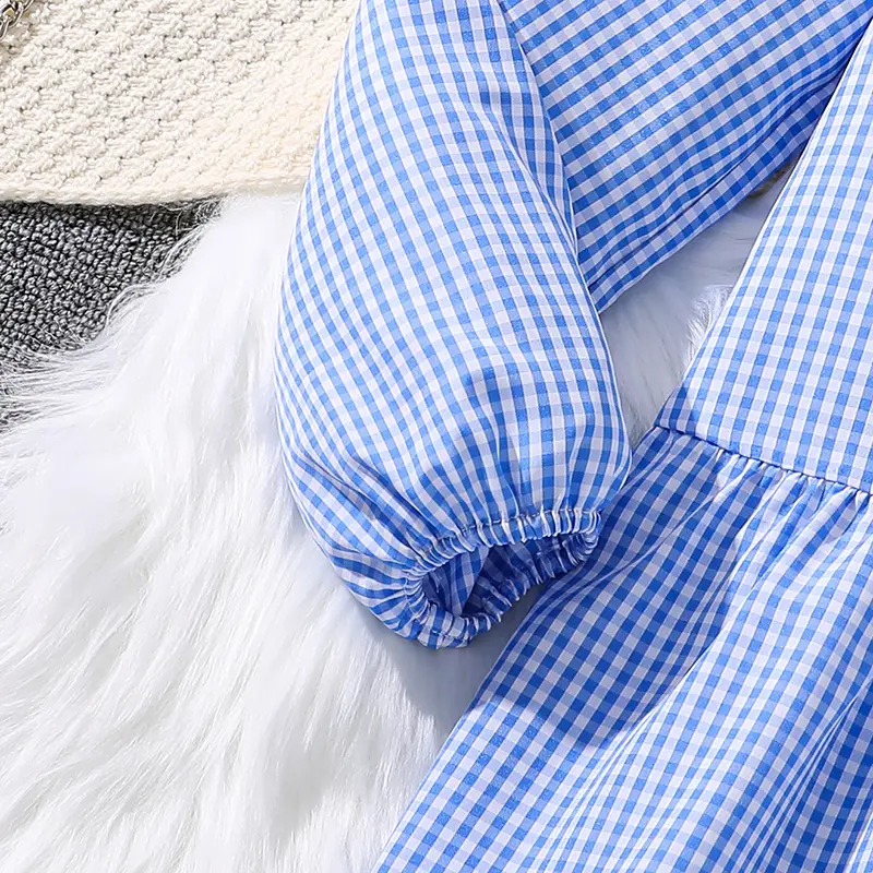 2025 Kids Autumn Clothing Plaid Solid Color Blue V-Neck Long Sleeve A-Line Dress For Girls 8-12 Years Daily Casual Set