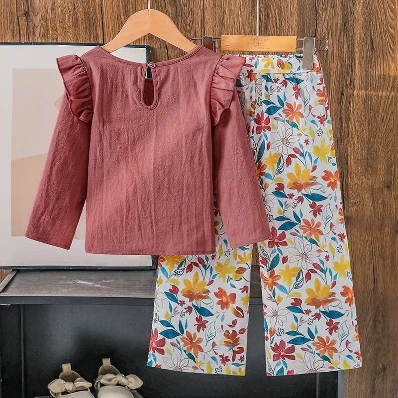 2025 Autumn 2PCS Kids Suit Solid Color Pink O-Neck Long Sleeve Top & Colorful Print Elastic Waist Pants  For Girls 4-7 Years