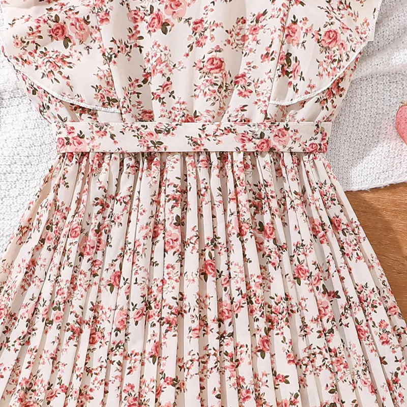 Girls Beige Floral Pleated Dress For 8-12 Years Kids Belted Knee-Length Modest Trendy Kids Gown Summer School Baptism Clothes