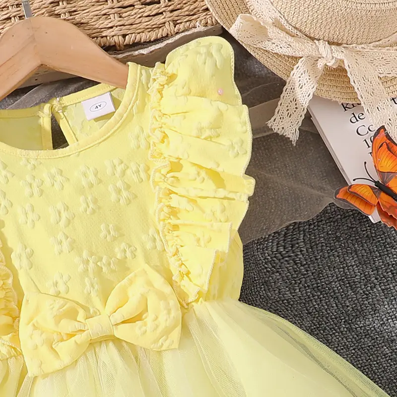 Baby Girls Princess Dress 4-7 Yrs Butterfly Embroidery Bow-trim Patchwork Tulle Dress Adorable Toddler Girls Dress Party Dress