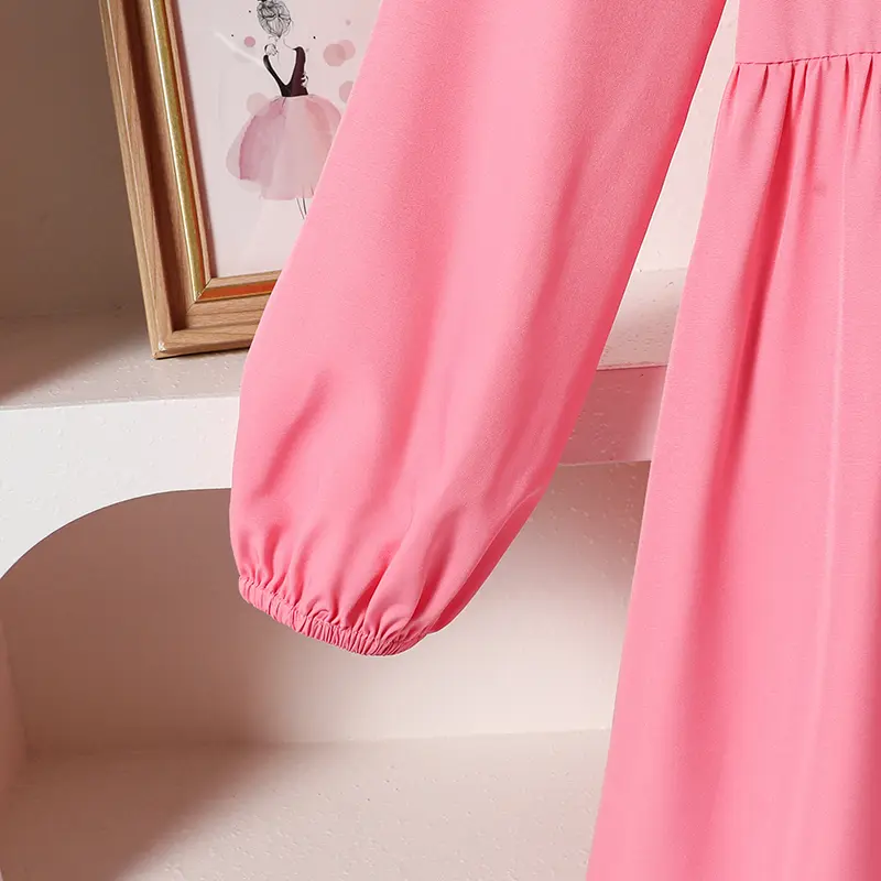 2025 New Girls Autumn Princess Dress Solid Color Pink Doll Collar Bow Long Sleeve A-Line Dress For Girls 8-12 Years Sweet Style