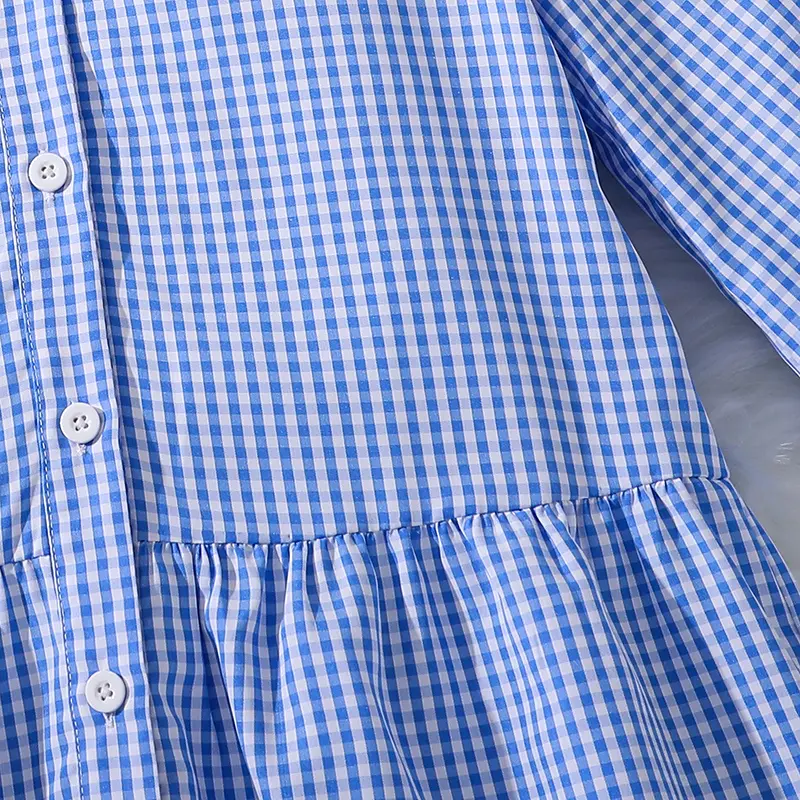 2025 Kids Autumn Clothing Plaid Solid Color Blue V-Neck Long Sleeve A-Line Dress For Girls 8-12 Years Daily Casual Set