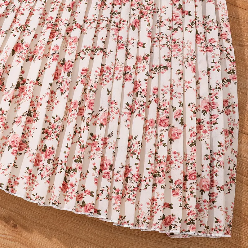 Girls Beige Floral Pleated Dress For 8-12 Years Kids Belted Knee-Length Modest Trendy Kids Gown Summer School Baptism Clothes