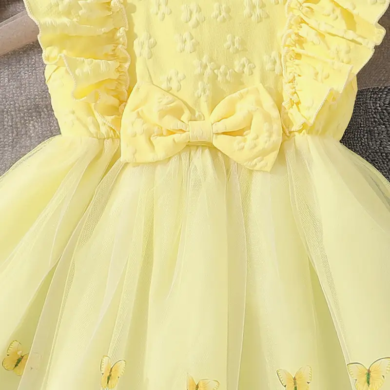 Baby Girls Princess Dress 4-7 Yrs Butterfly Embroidery Bow-trim Patchwork Tulle Dress Adorable Toddler Girls Dress Party Dress