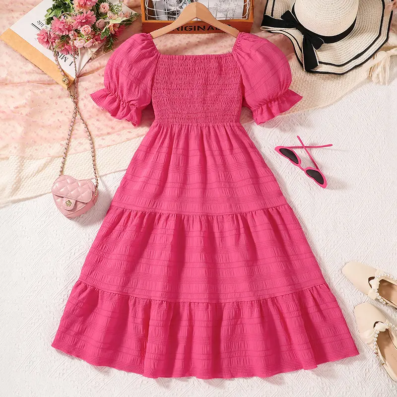 Hot Pink Color Shirred-Bodice Puff-sleeve Sweet Style Maxi Dress 2025 New Summer Dress Stylish Children Dress Party  Ball Gown
