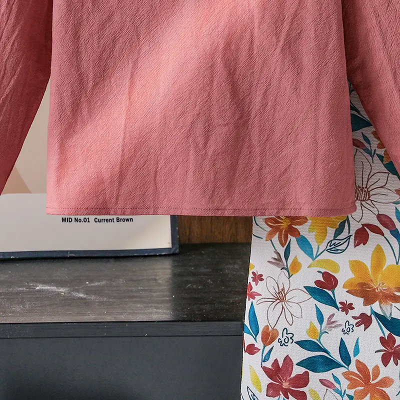 2025 Autumn 2PCS Kids Suit Solid Color Pink O-Neck Long Sleeve Top & Colorful Print Elastic Waist Pants  For Girls 4-7 Years