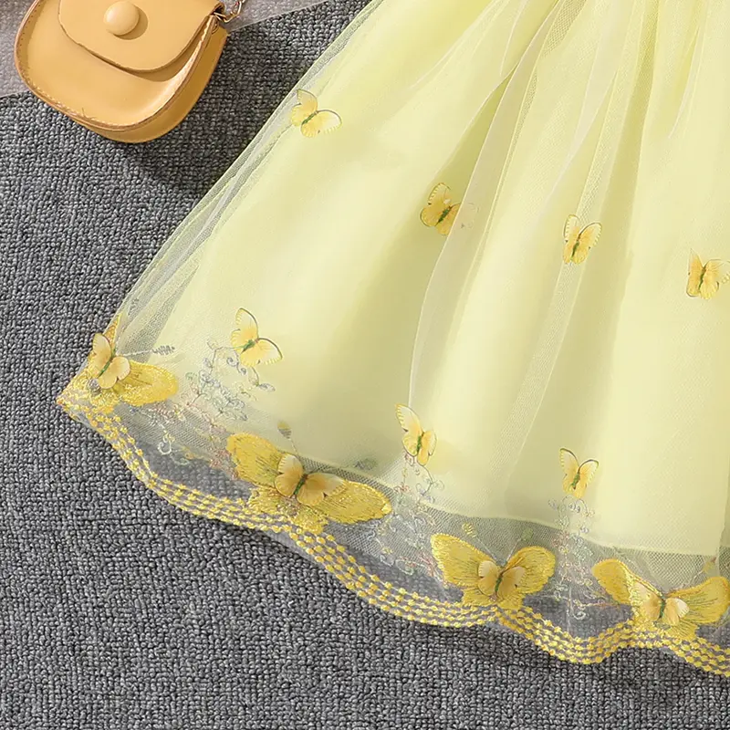 Baby Girls Princess Dress 4-7 Yrs Butterfly Embroidery Bow-trim Patchwork Tulle Dress Adorable Toddler Girls Dress Party Dress