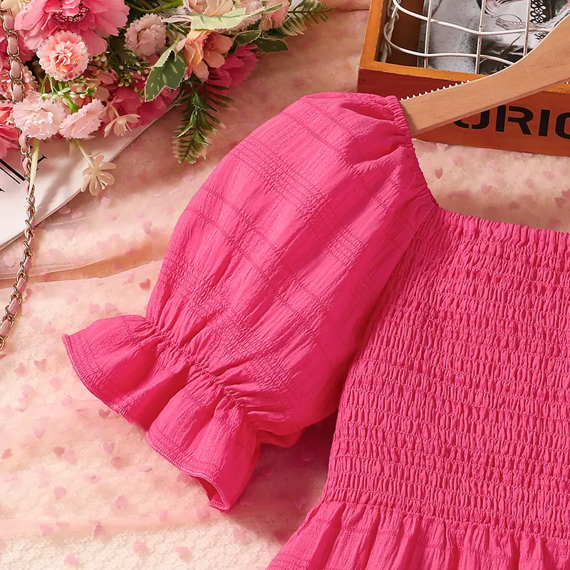 Hot Pink Color Shirred-Bodice Puff-sleeve Sweet Style Maxi Dress 2025 New Summer Dress Stylish Children Dress Party  Ball Gown