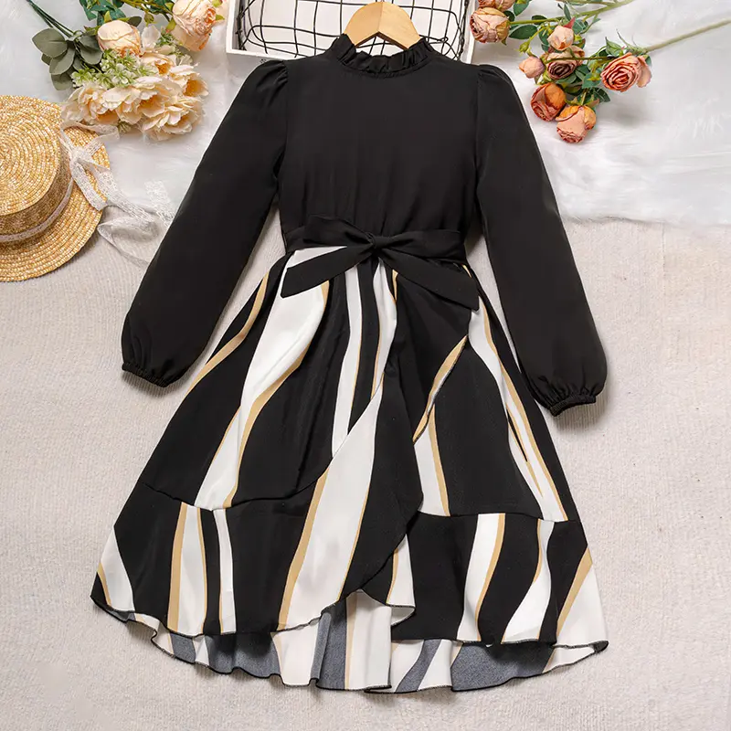 Dress Kids Girls 8-12 Years Black Long-Sleeved Dress For Girls Stylish Girls Casual Vacation Party Gown Wedding Evening Dress
