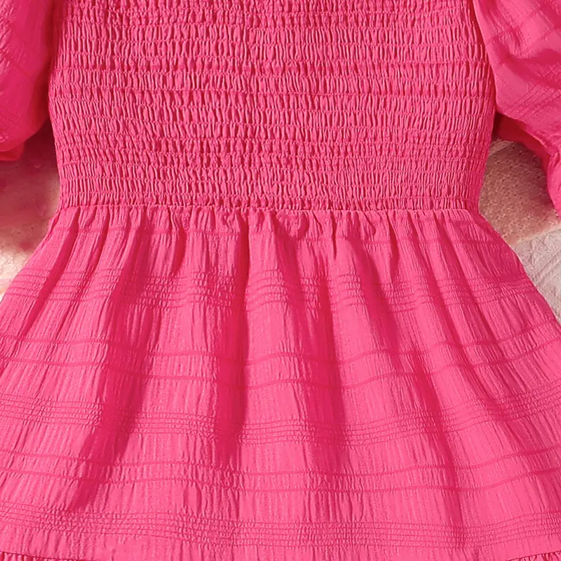 Hot Pink Color Shirred-Bodice Puff-sleeve Sweet Style Maxi Dress 2025 New Summer Dress Stylish Children Dress Party  Ball Gown