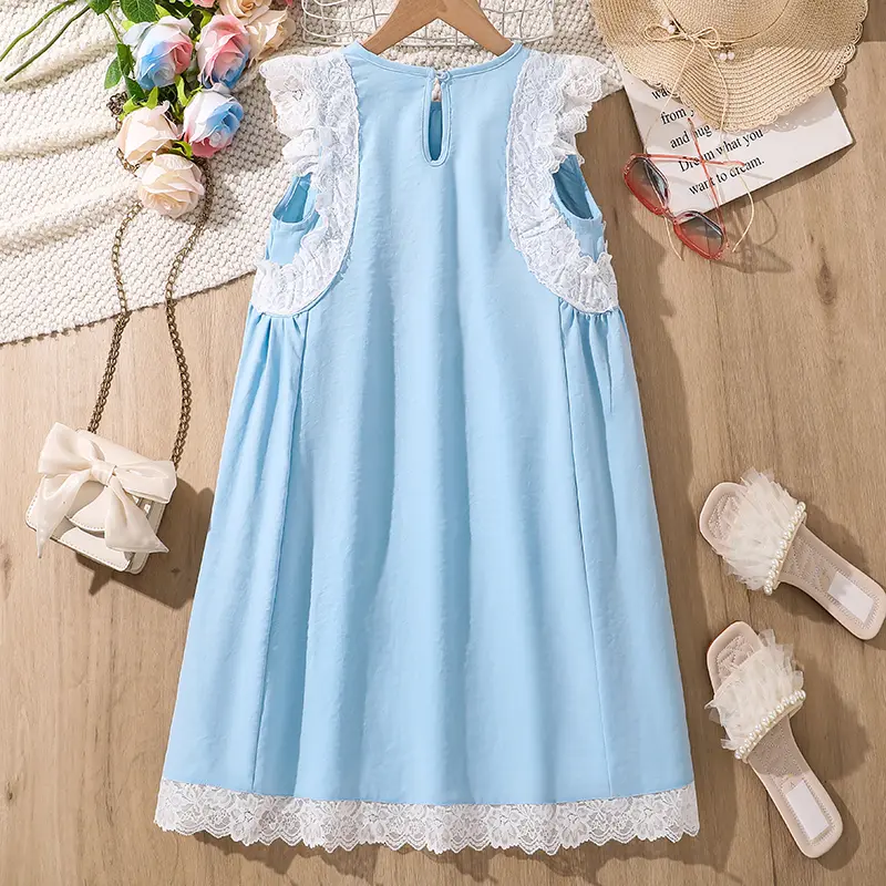 Hot Sale Kids Clothing Summer Solid Color Blue O-Neck Sleeveless White Lace  A-Line Dress 8-12 Years Daliy Casual Korean Style