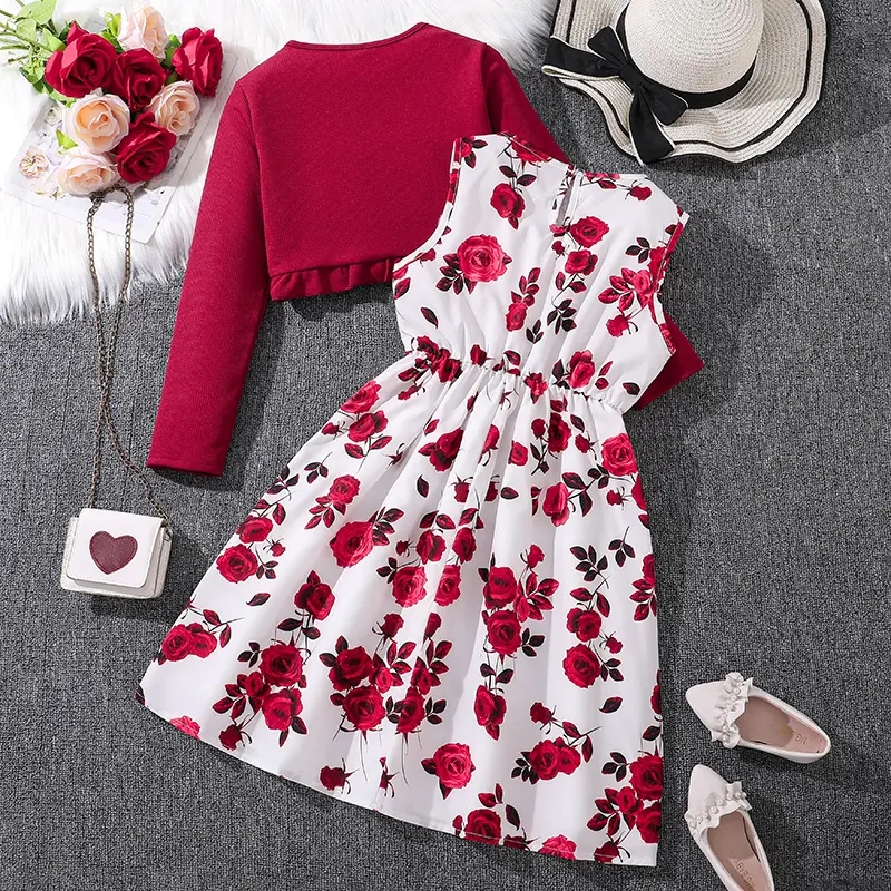 Fashion For Kids Girls Red Long Sleeve Coat And White Print Skirt Elegant Vacation Holiday Party Dress Graduation Clothes Sets