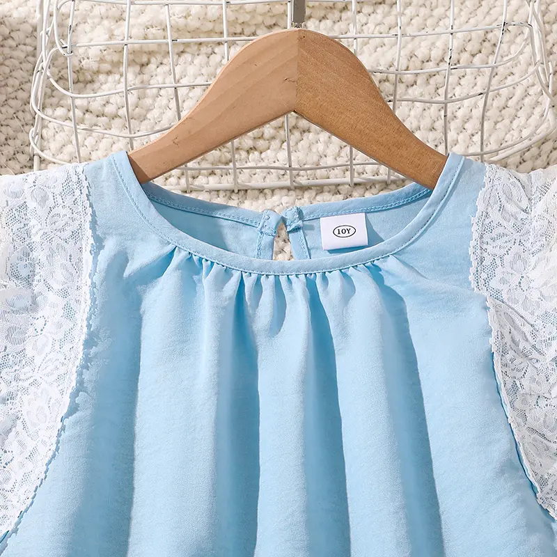 Hot Sale Kids Clothing Summer Solid Color Blue O-Neck Sleeveless White Lace  A-Line Dress 8-12 Years Daliy Casual Korean Style