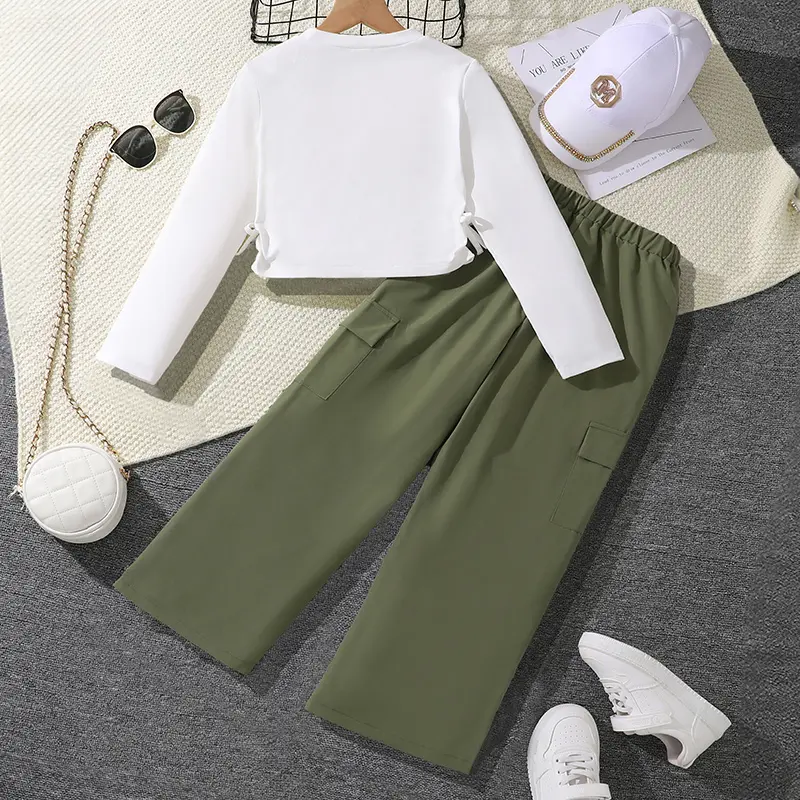 Autumn Outfit For 4-7 Years Girls White Letter Long Sleeve Top And Army Green Pants High Quality Daily Causal Simple Style Suit