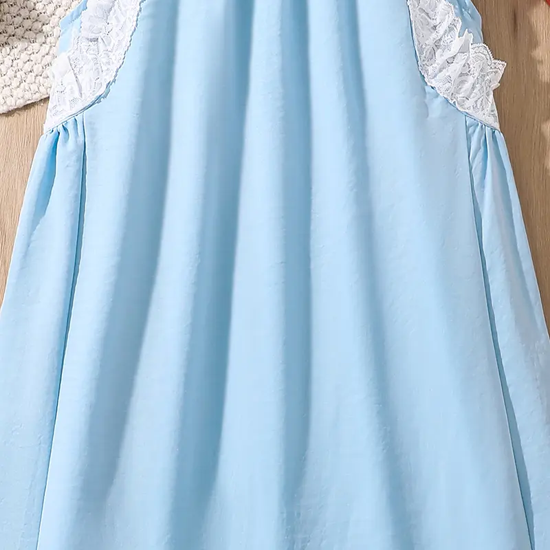 Hot Sale Kids Clothing Summer Solid Color Blue O-Neck Sleeveless White Lace  A-Line Dress 8-12 Years Daliy Casual Korean Style