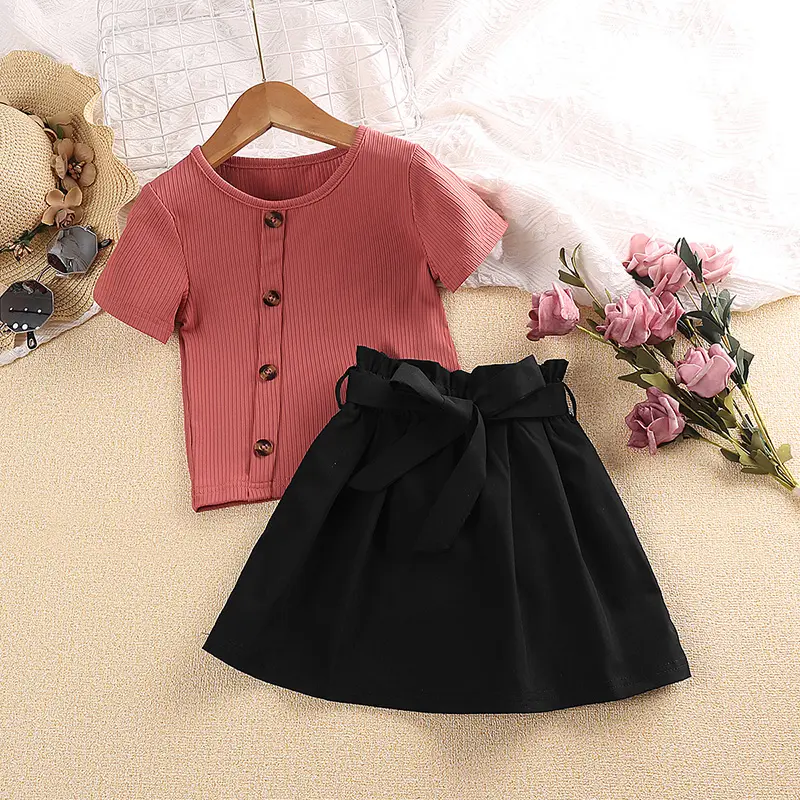 Girls Summer Fashion Suit New Solid Color Short Sleeve & Black Skirt Sweet Elegant Vacation Daily Casual Preppy Style Outifits
