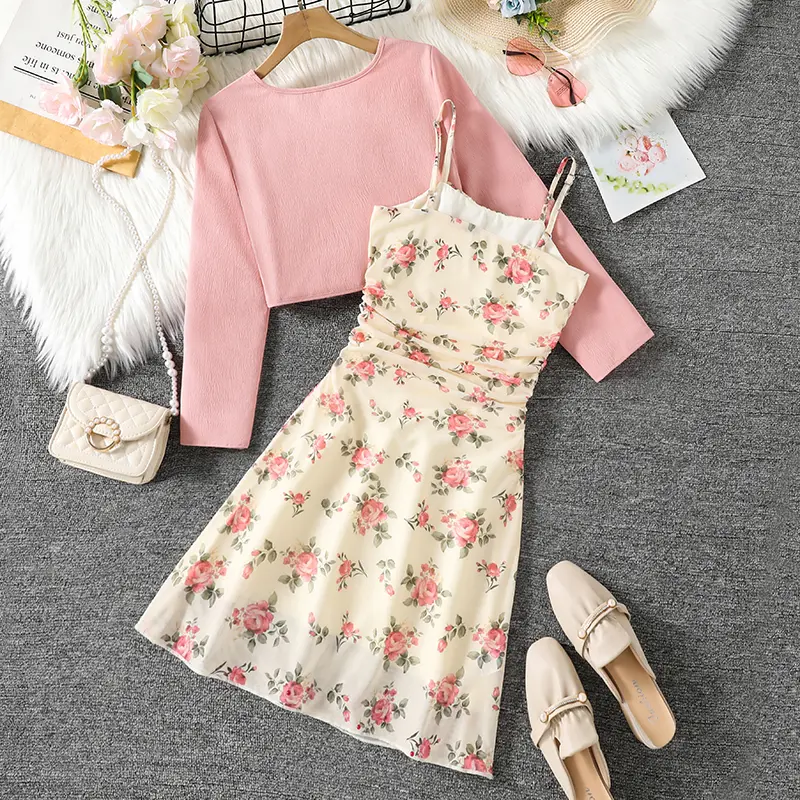 Autumn New Sweet Style Suit Girls 2PCS Solid Color Pink Long Sleeve Coat & Sling A-Line Dress For Girls 8-12 Years Daily Casual