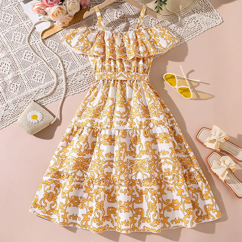 Preteen Girls Dress Printed Ruffled Off Shoulder Maxi Dress 8-12 Years Kids Costume Summer Vacation Party Outgoing Clothing OOTD