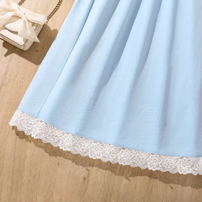 Hot Sale Kids Clothing Summer Solid Color Blue O-Neck Sleeveless White Lace  A-Line Dress 8-12 Years Daliy Casual Korean Style