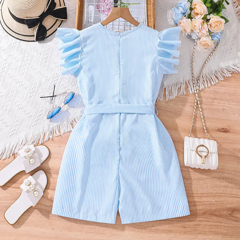 Summer New Fashion Girl Casual Jumpsuits 8-12 Years Blue O-Neck Flying Sleeve Jumpsuits With Belt Kid Daily Clothes Sweet Style