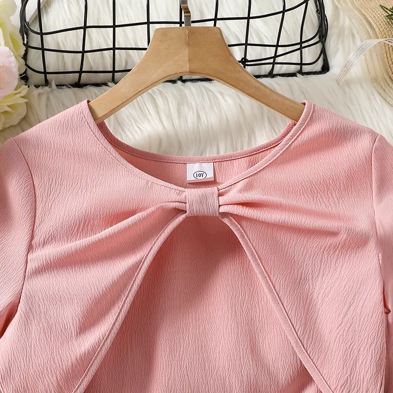 Autumn New Sweet Style Suit Girls 2PCS Solid Color Pink Long Sleeve Coat & Sling A-Line Dress For Girls 8-12 Years Daily Casual