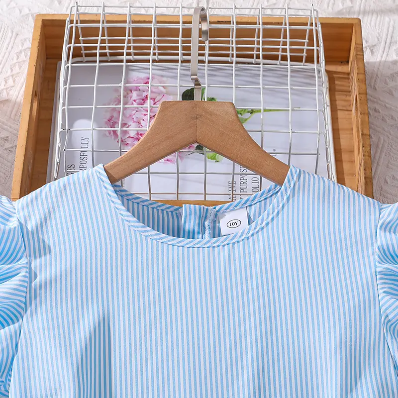 Summer New Fashion Girl Casual Jumpsuits 8-12 Years Blue O-Neck Flying Sleeve Jumpsuits With Belt Kid Daily Clothes Sweet Style