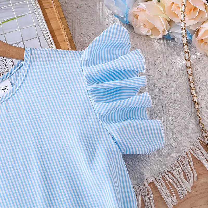 Summer New Fashion Girl Casual Jumpsuits 8-12 Years Blue O-Neck Flying Sleeve Jumpsuits With Belt Kid Daily Clothes Sweet Style