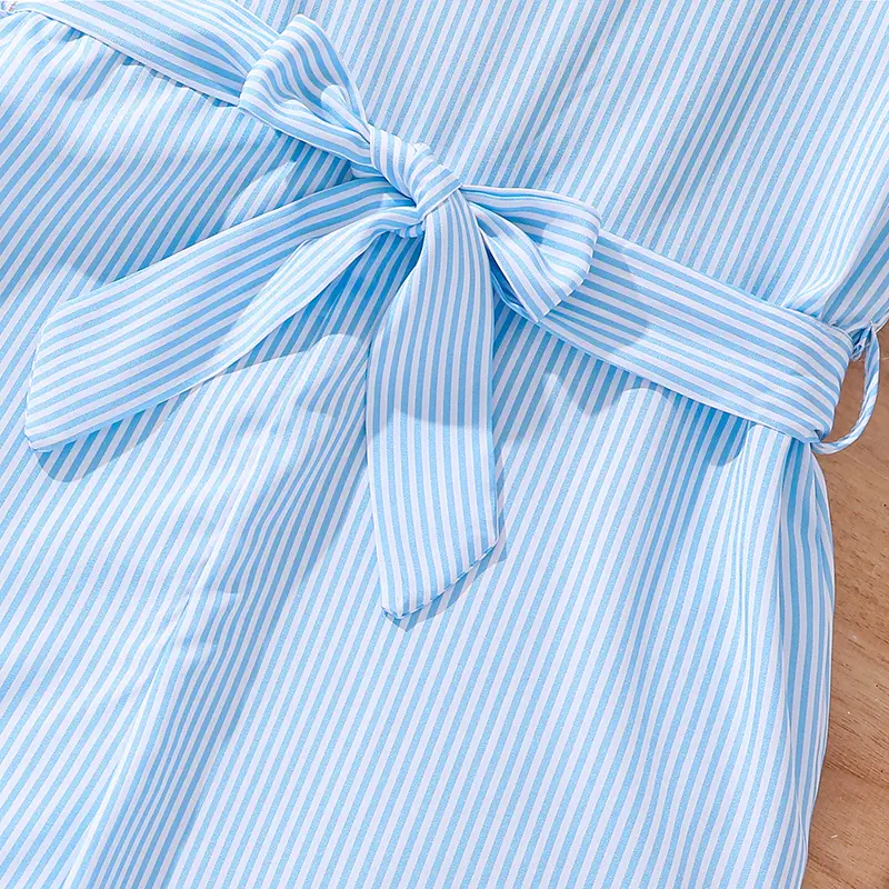 Summer New Fashion Girl Casual Jumpsuits 8-12 Years Blue O-Neck Flying Sleeve Jumpsuits With Belt Kid Daily Clothes Sweet Style
