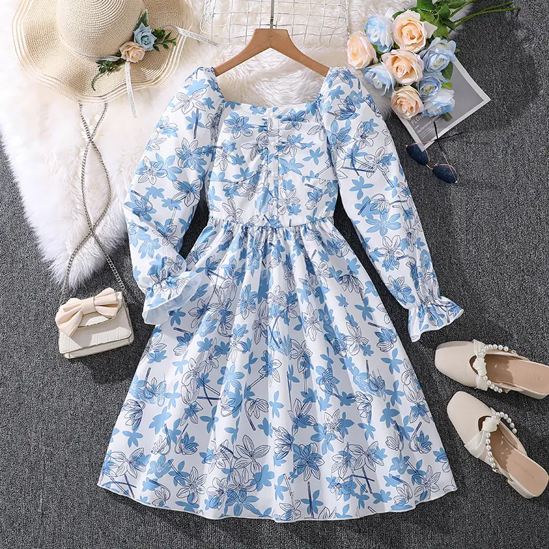 Summer Girls Dress Casual Princess Dresses Blue Flowers Square Collar Long Sleeves Dress Elegant Vacation Holiday Party Clothes
