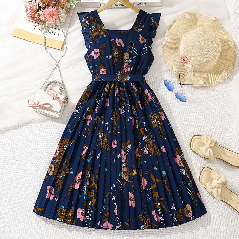 2025 New Summer Girls Drress Blue Printed Sleeveless Button Pleated Dress Tween Girls Party Outgoing Dating Clothes