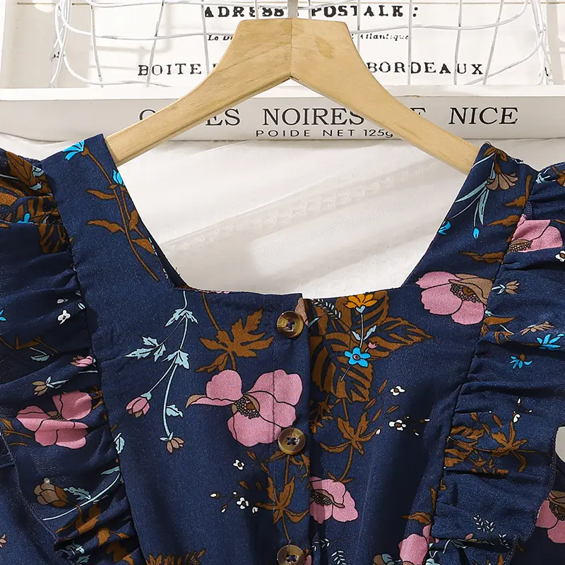 2025 New Summer Girls Drress Blue Printed Sleeveless Button Pleated Dress Tween Girls Party Outgoing Dating Clothes