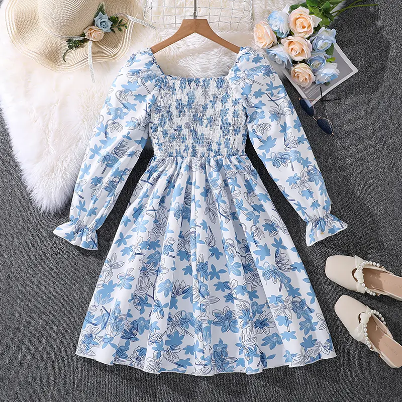Summer Girls Dress Casual Princess Dresses Blue Flowers Square Collar Long Sleeves Dress Elegant Vacation Holiday Party Clothes