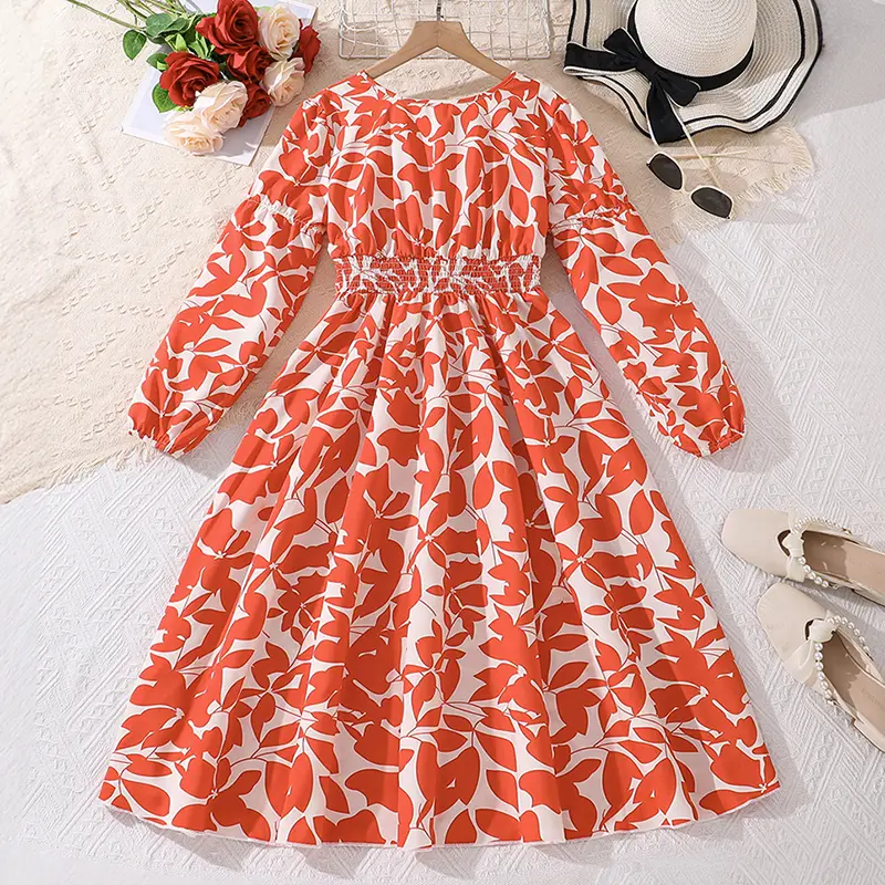 Children Fashion Dress For Girls Saffron V-Neck Floral Long Sleeve Dress Elegant Vacation Holiday Party Dress Graduation Costume