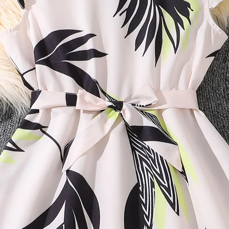 Girls White Printed Dress Sleeveless Belted Maxi Dress Vacation Style Casual Dress Children Clothes Trendy Summer Dress