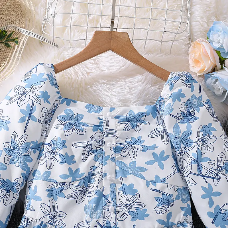 Summer Girls Dress Casual Princess Dresses Blue Flowers Square Collar Long Sleeves Dress Elegant Vacation Holiday Party Clothes