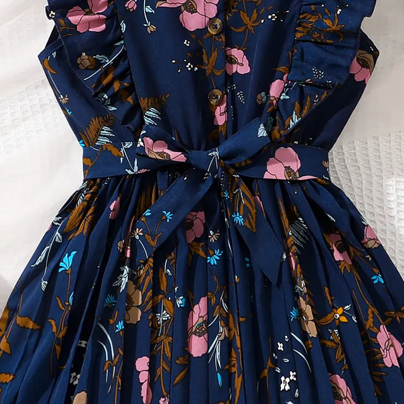 2025 New Summer Girls Drress Blue Printed Sleeveless Button Pleated Dress Tween Girls Party Outgoing Dating Clothes