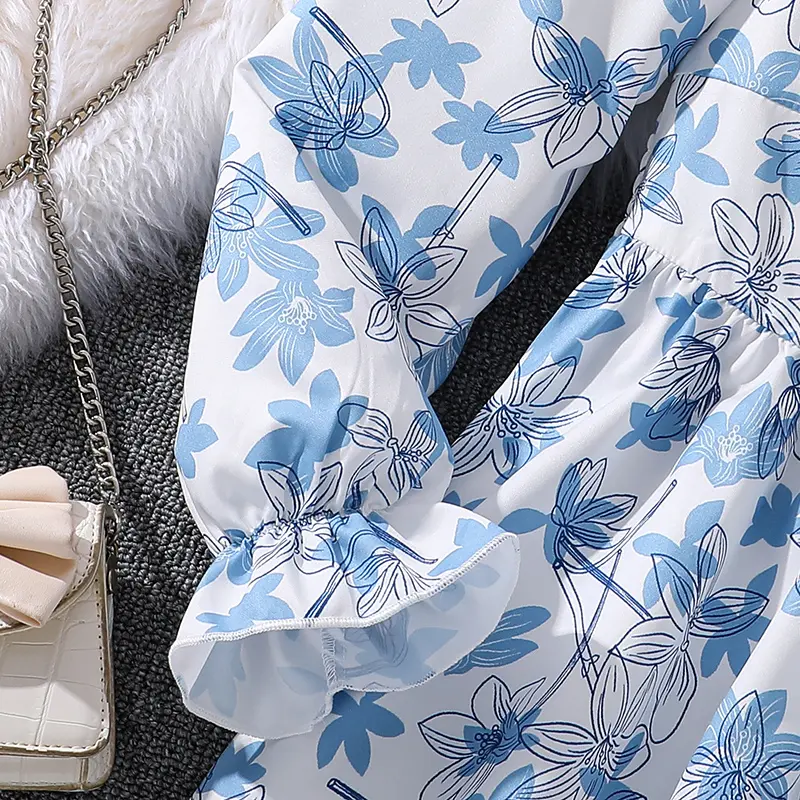 Summer Girls Dress Casual Princess Dresses Blue Flowers Square Collar Long Sleeves Dress Elegant Vacation Holiday Party Clothes