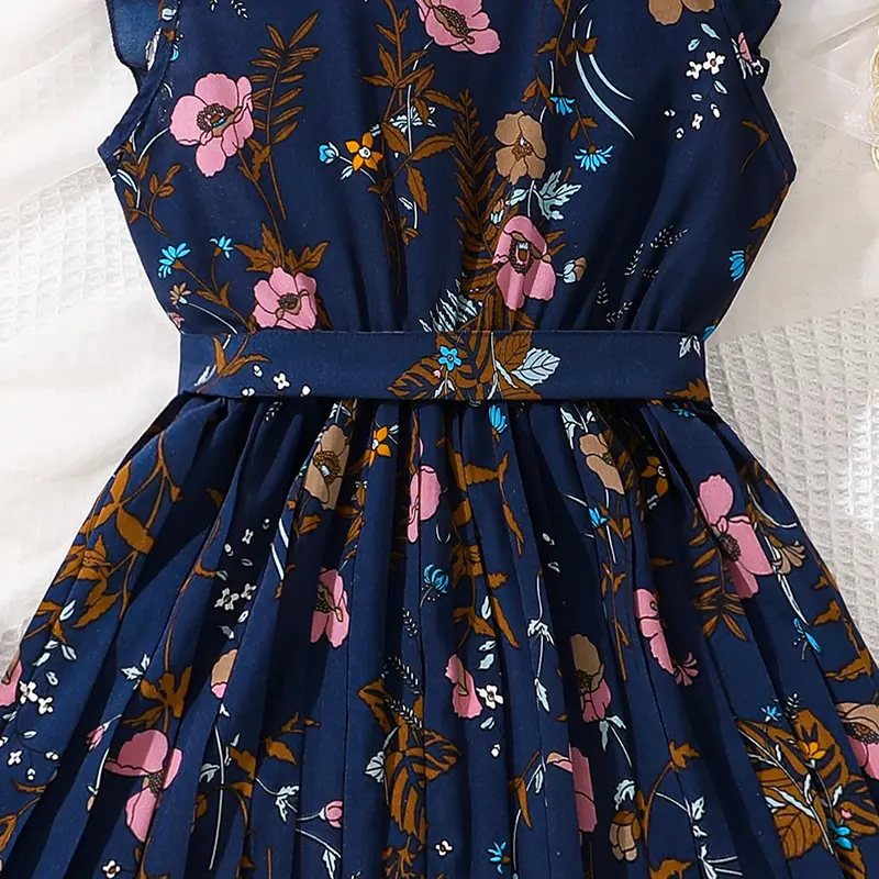 2025 New Summer Girls Drress Blue Printed Sleeveless Button Pleated Dress Tween Girls Party Outgoing Dating Clothes